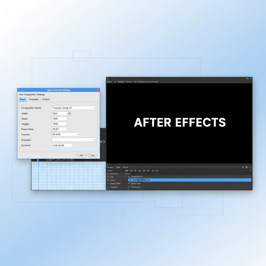 After Effectsの新規コンポジション設定画面とテキストレイヤー作成後の画面