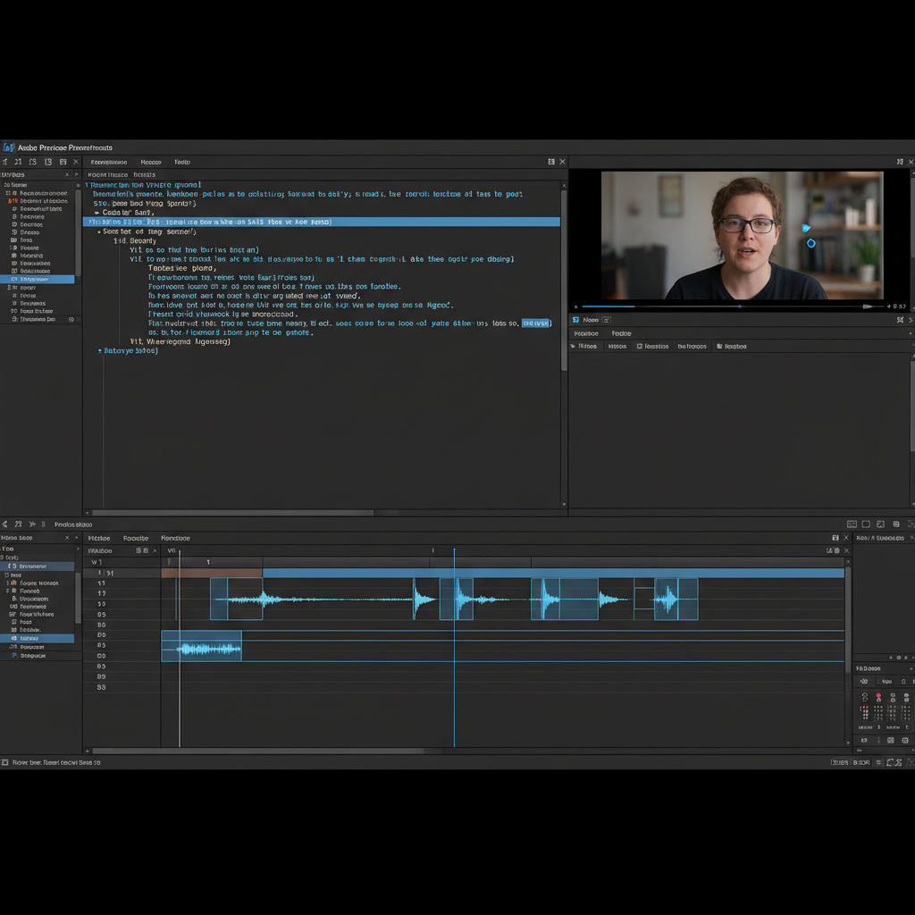 Adobe Premiere Proのテキストベース編集画面のスクリーンショット。文字起こしされたテキストとタイムラインが連動している様子。