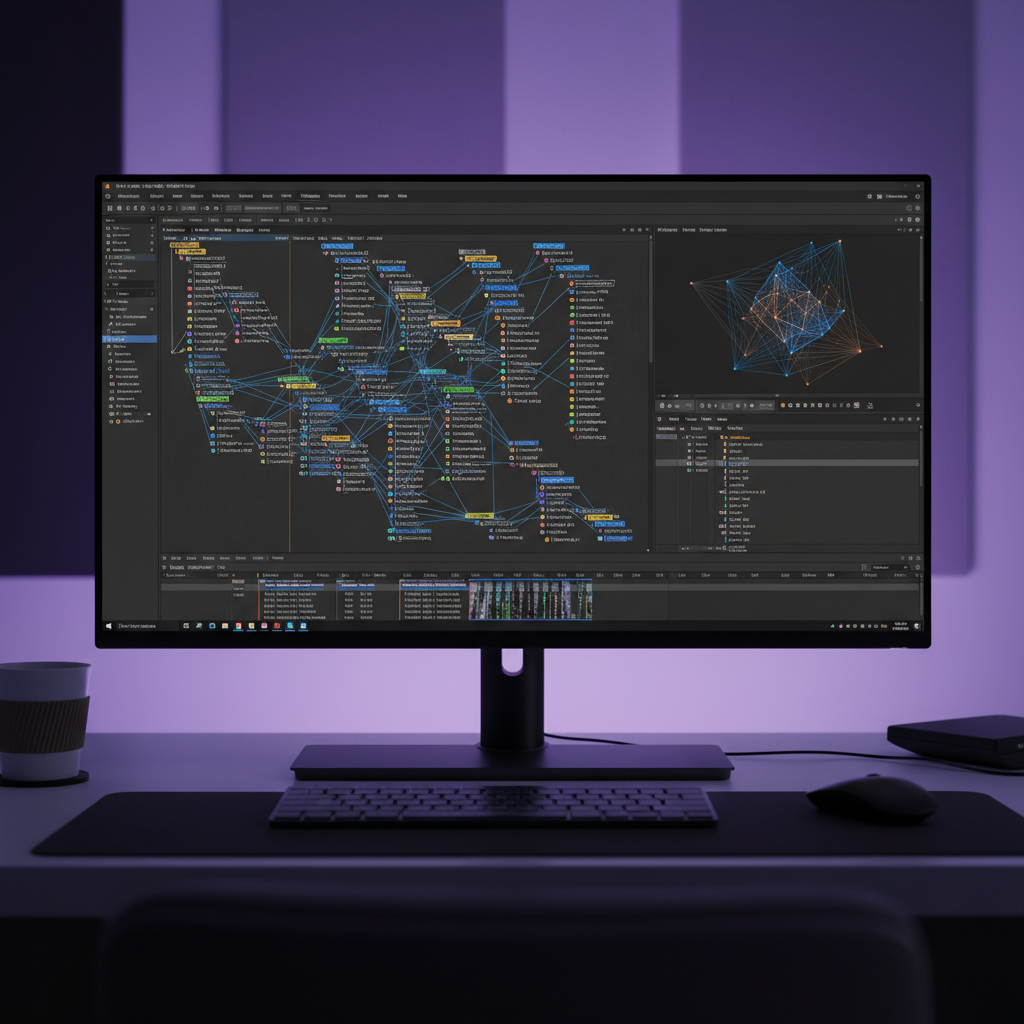 DaVinci ResolveのFusionページで複雑なモーショングラフィックスを編集しているスクリーンショット