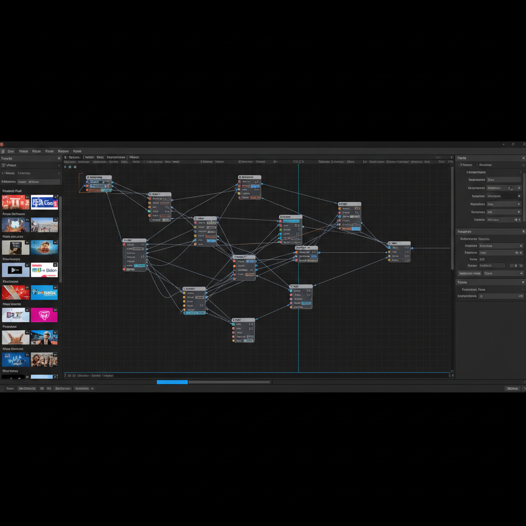 FusionページのUI全体図。ノードエディタ、インスペクタ、メディアプールの位置がわかるようにする