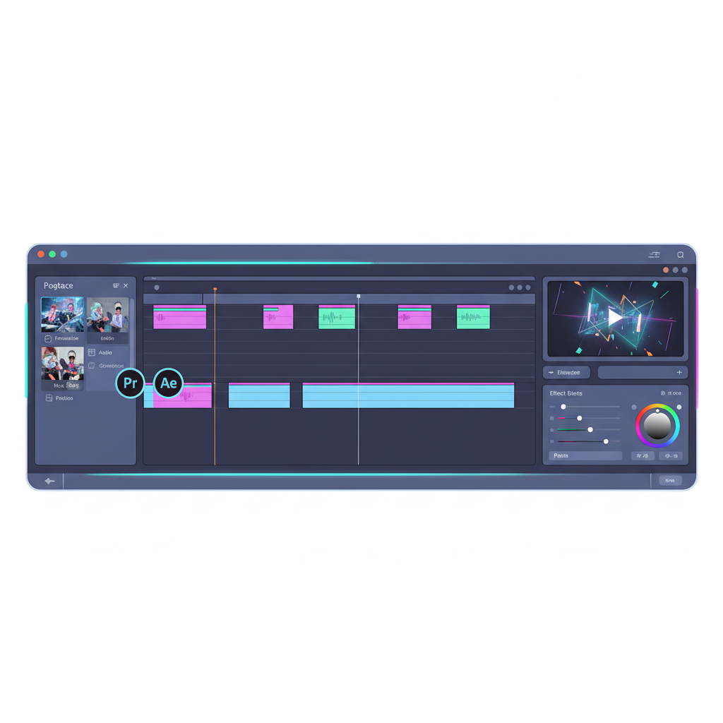 動画編集ソフトの画面イメージ(Premiere Pro、After Effectsのアイコンが並んでいる様子)