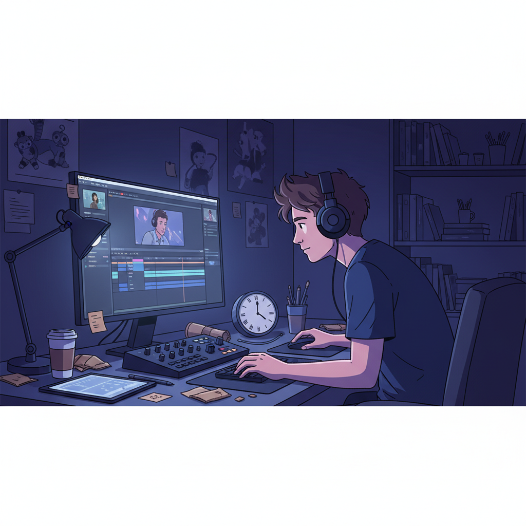 動画編集作業に集中するフリーランスのイラスト。時計が深夜を指している。