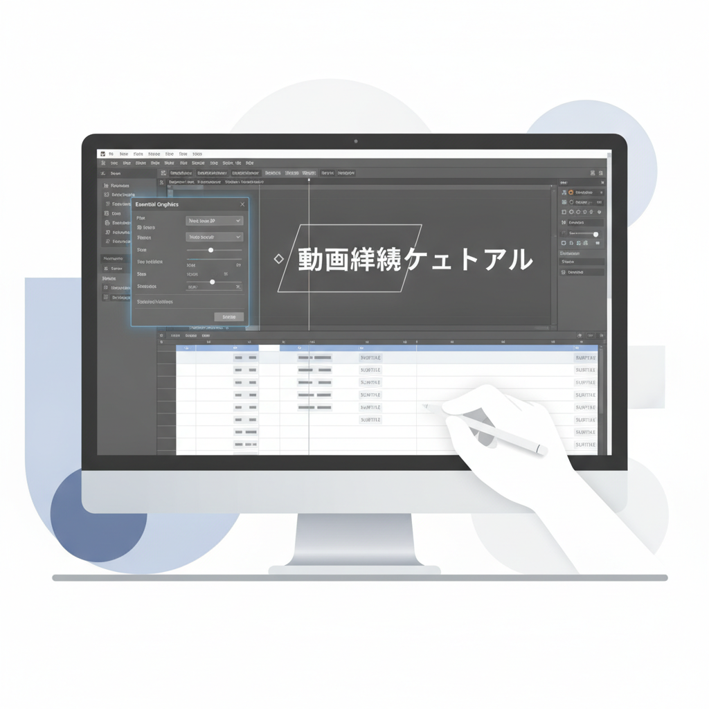 Premiere Proのエッセンシャルグラフィックスパネルで字幕を調整している様子