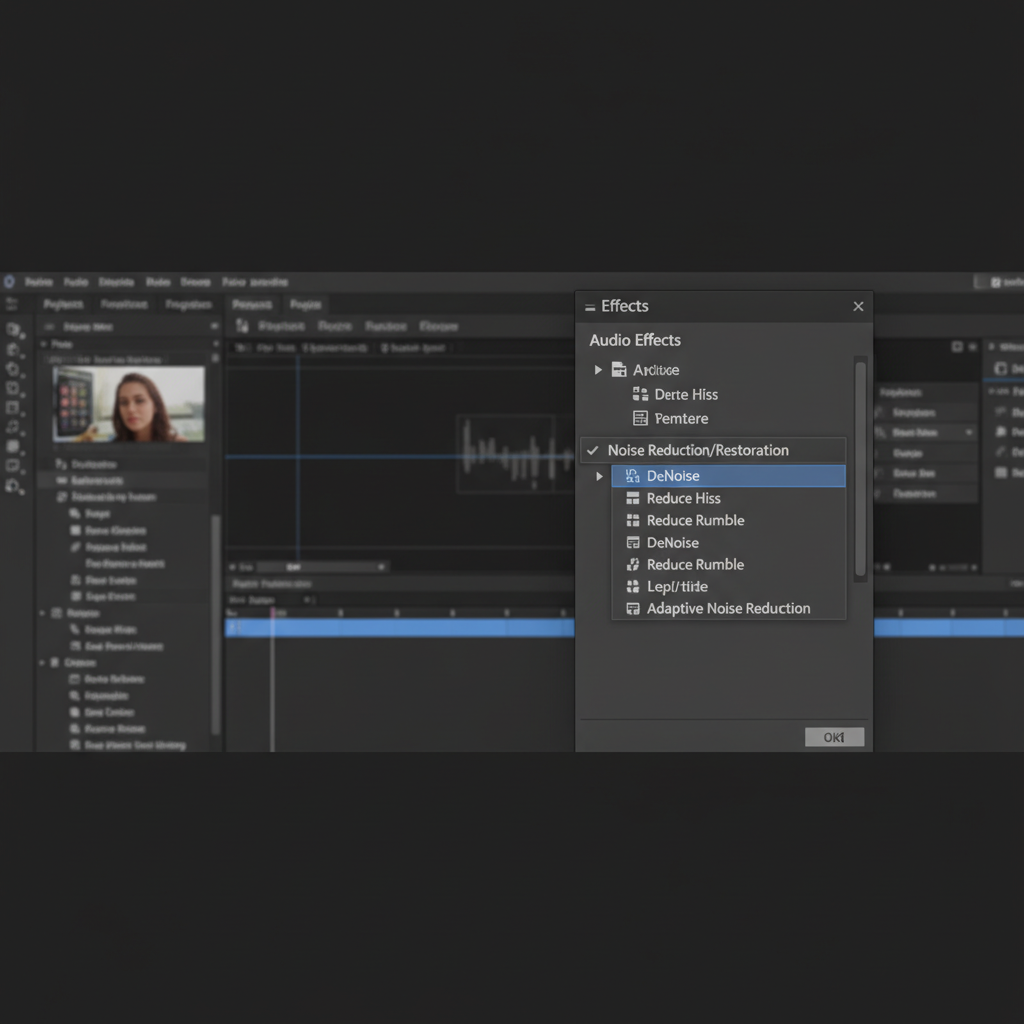Premiere Proのエフェクトパネルのスクリーンショット。オーディオエフェクトを展開し、ノイズ除去関連のエフェクトが表示されている状態。