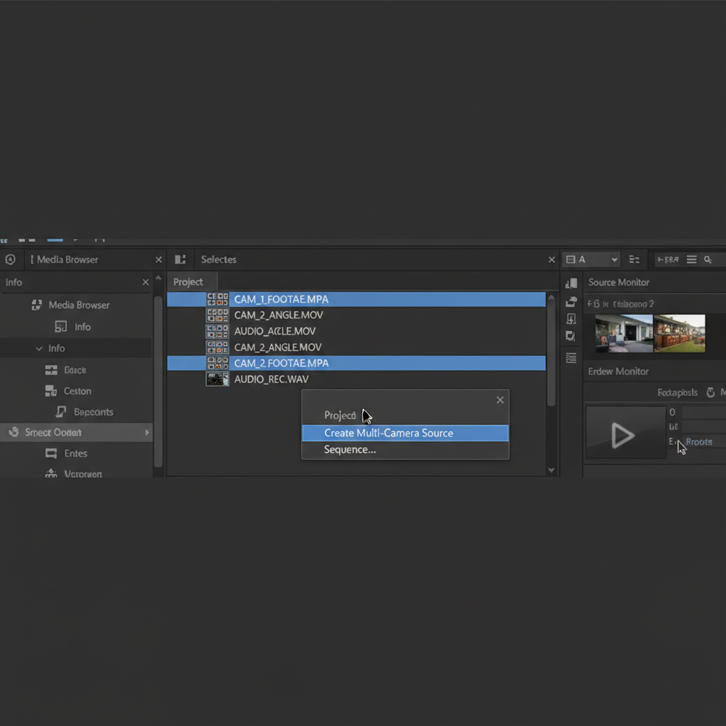 Premiere Proでのマルチカメラクリップ作成画面のスクリーンショット。複数のクリップを選択し右クリックメニューを開き、「マルチカメラシーケンスを作成」を選択している状態。