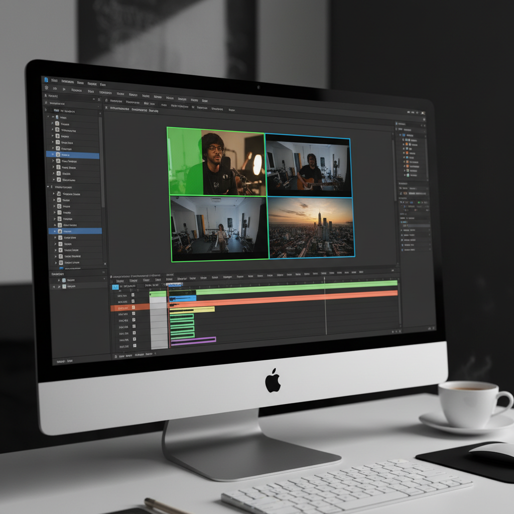 Premiere Proのプログラムモニターでマルチカメラビューが表示され、複数のカメラアングルがサムネイルで並んでいる状態。アクティブなカメラがハイライトされている様子。