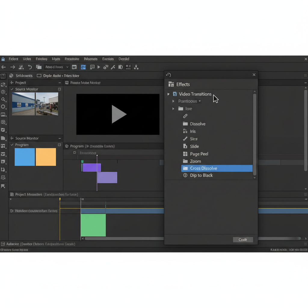 Premiere Proのエフェクトパネルでトランジションのカテゴリを開いているスクリーンショット