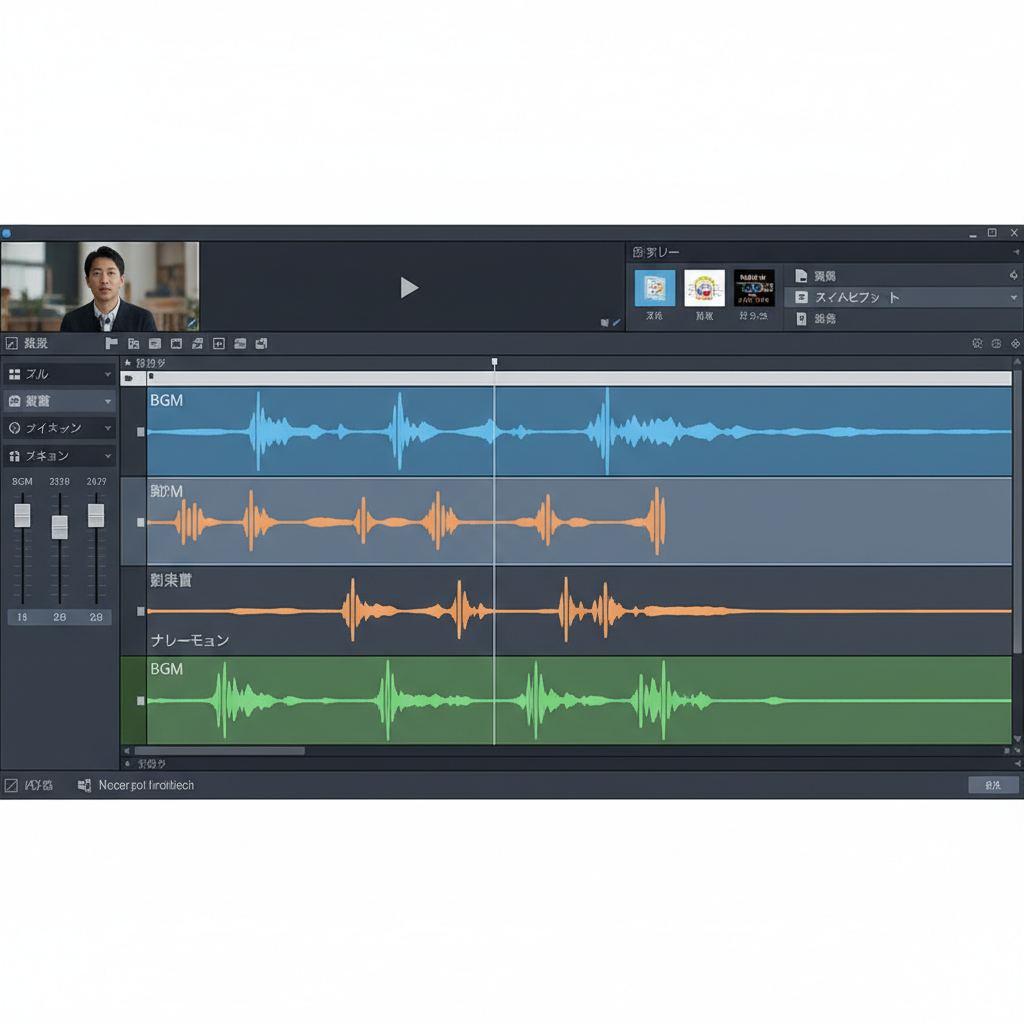 動画編集画面でBGM、効果音、ナレーションのオーディオトラックが重なっている様子