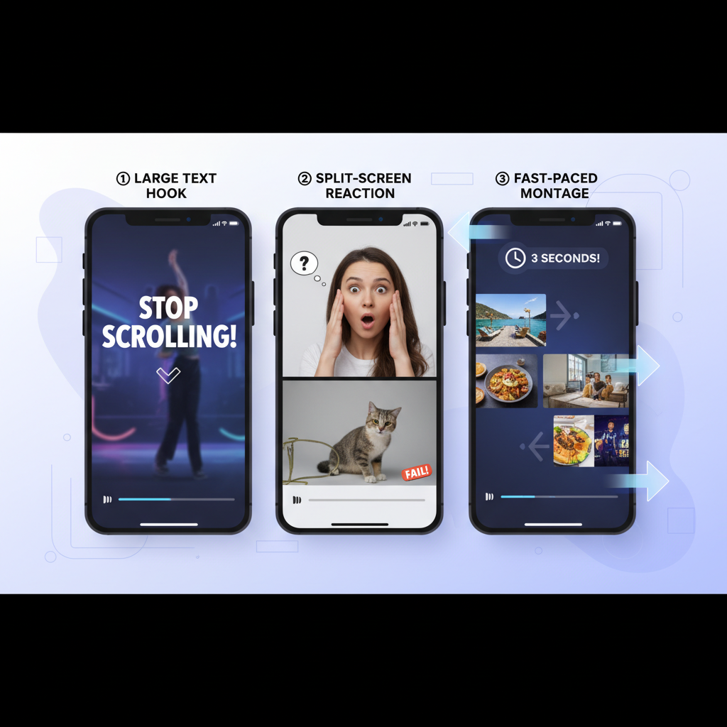 TikTokの冒頭3秒で視聴者を惹きつけるための画面構成例
