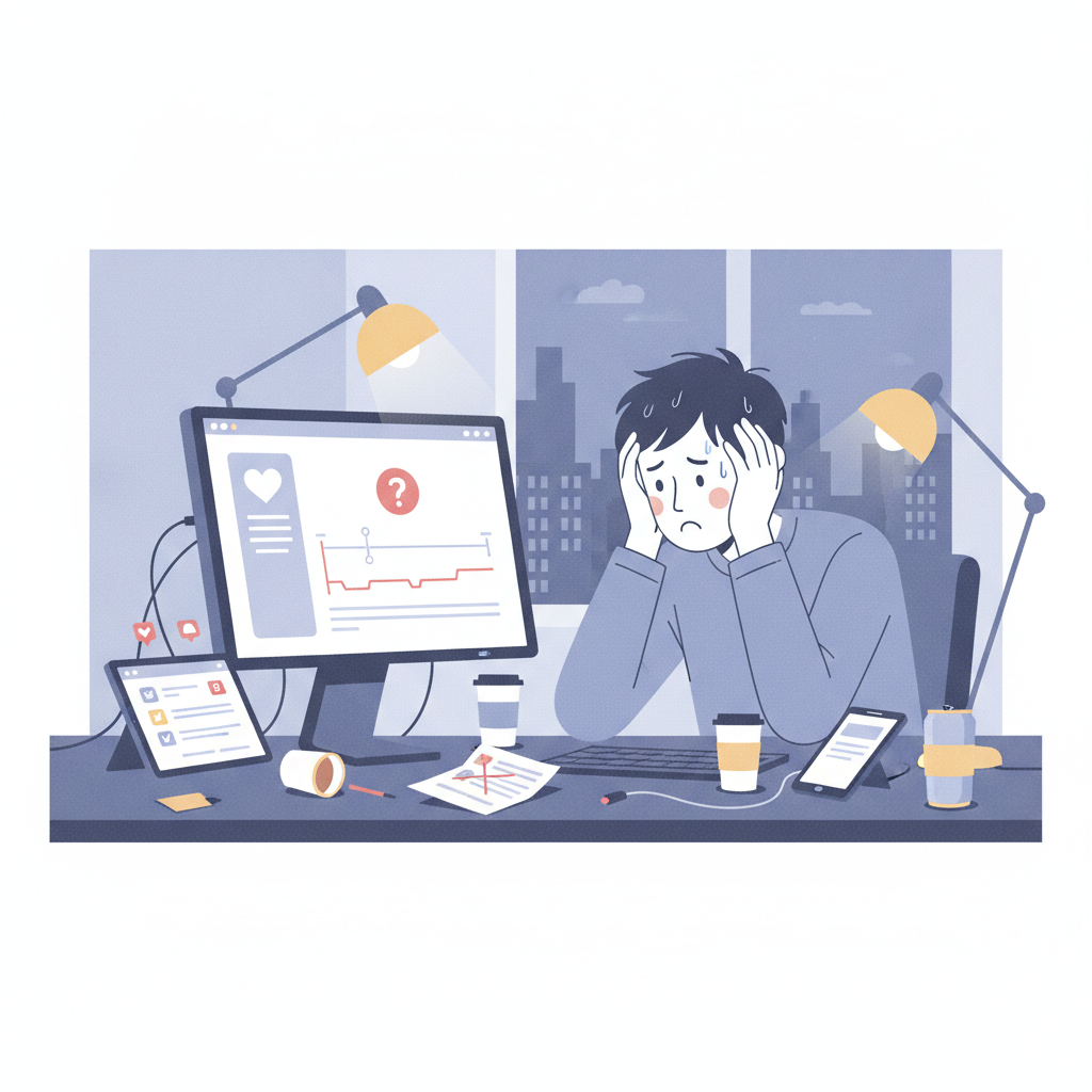 動画編集の仕事が取れずに悩む人のイラスト