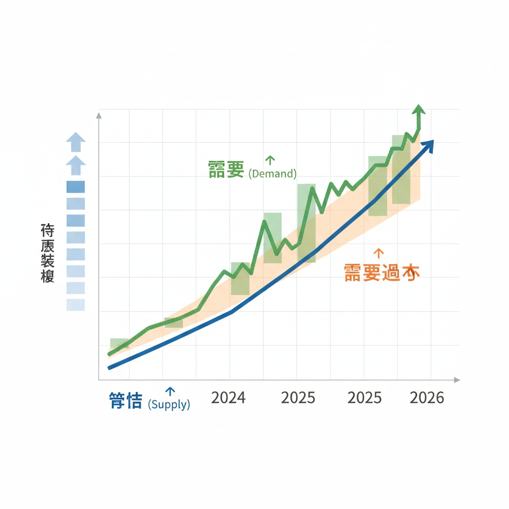 2026年の動画市場トレンドを示すグラフのイメージ。右肩上がりの需要と、供給が追いついていない状況を視覚的に表現。