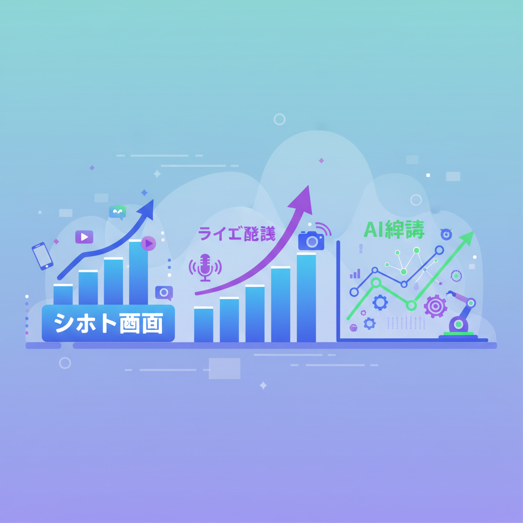 最新の動画市場トレンドを表すグラフ。ショート動画、ライブ配信、AI編集などのキーワードが目立つ。