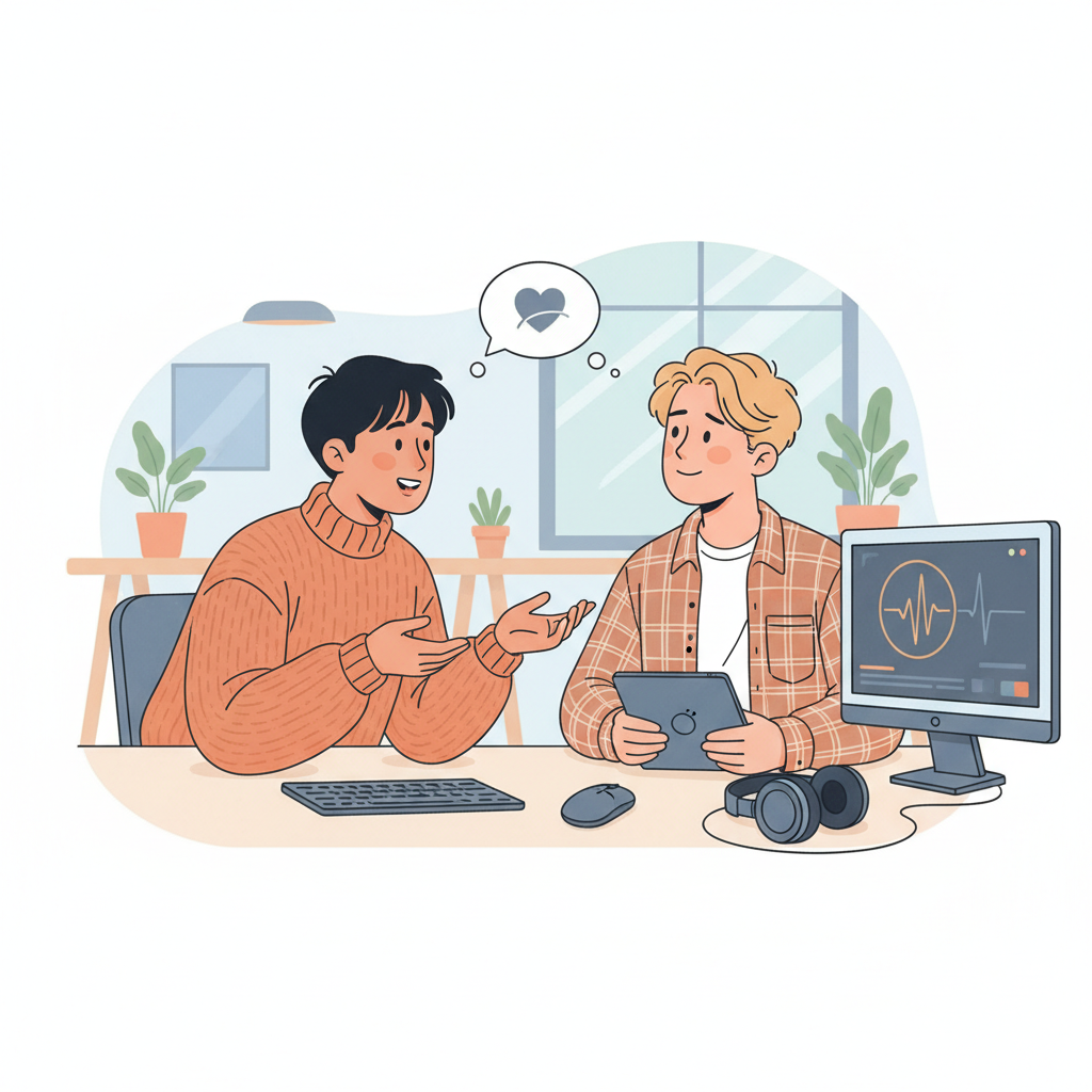 質問に答える人が親身に話しているイラスト。フリーランスの悩みに寄り添うイメージ。