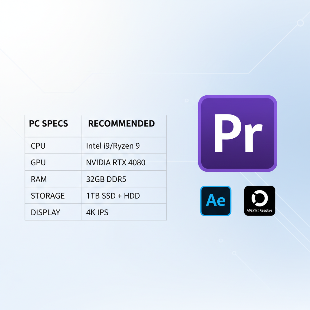 動画編集に適したPCのスペック表と、Adobe Premiere Proのアイコンが並んだイメージ