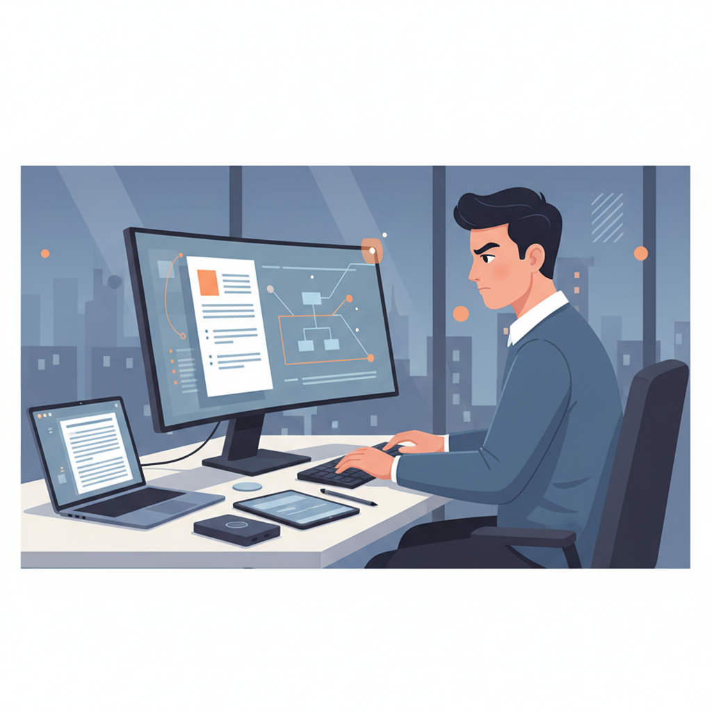 パソコンの前で提案文を書く人物のイラスト。真剣な表情でキーボードを打っている。