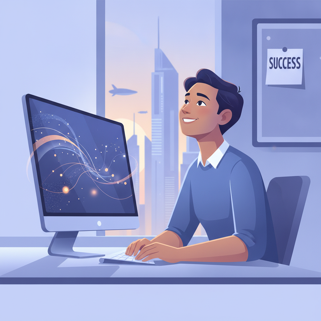 未来を想像して微笑む人のイメージ。パソコンの横に「SUCCESS」と書かれたメモがある。