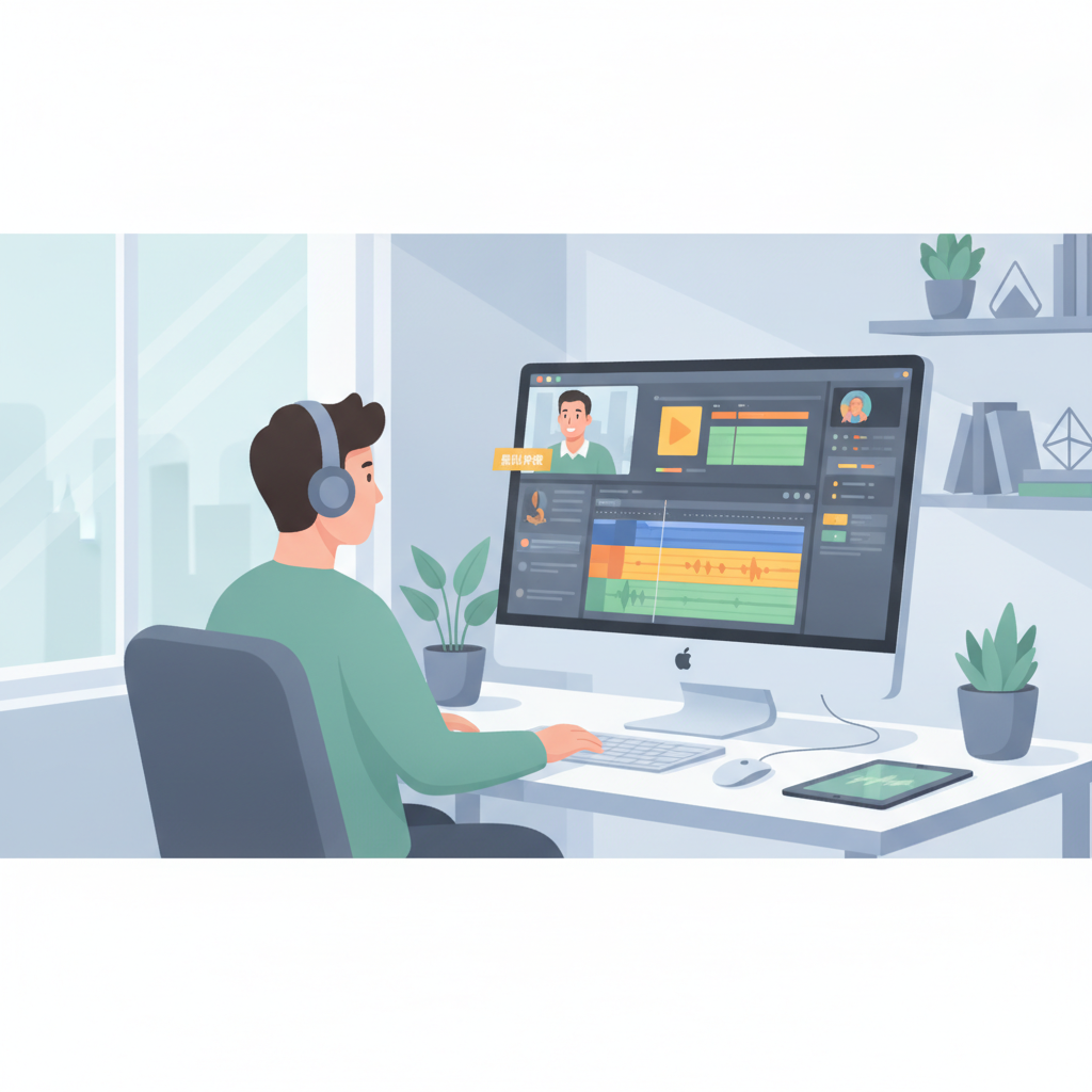 パソコンの前で動画編集スクールの無料体験を受けている人のイラスト