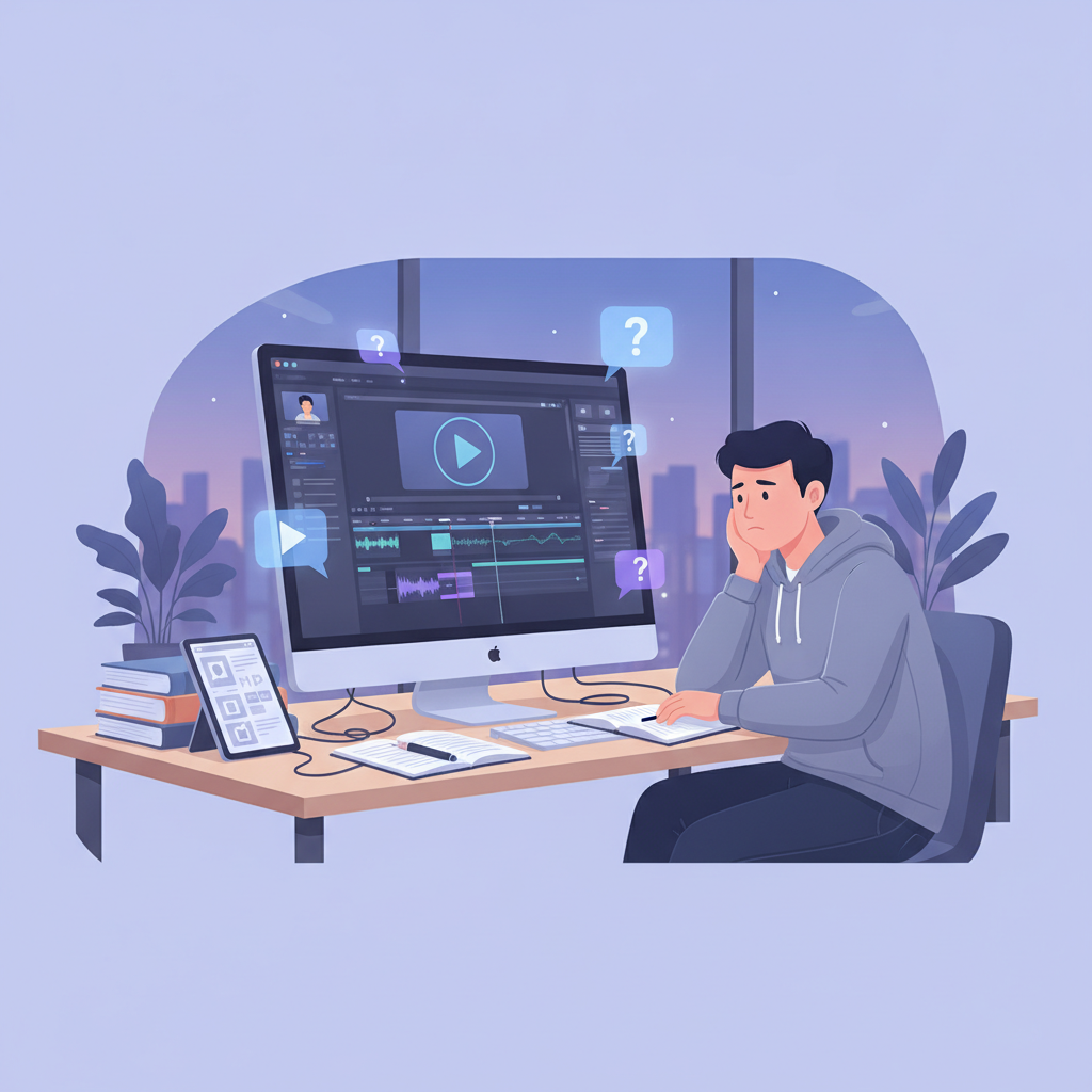 独学で動画編集を学ぶ人がPCの前で悩んでいる様子