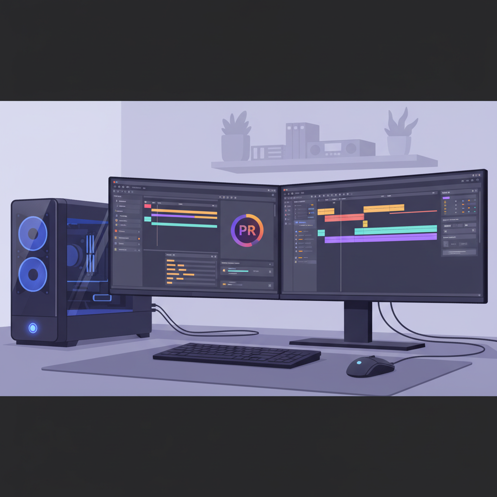 動画編集に必要な機材(高性能PC、モニター、Adobe Premiere Proのロゴなど)