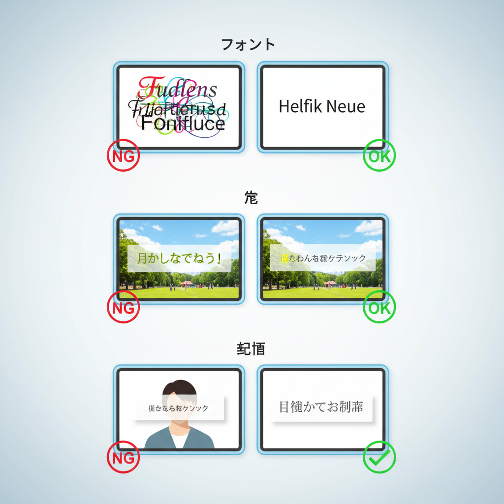 テロップの基本要素(フォント、色、配置)を図で示す。各要素のNG例とOK例を比較できるような図が理想。